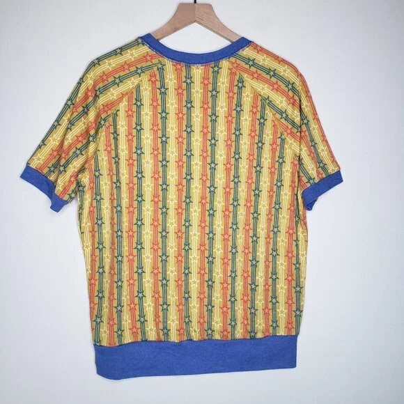 Retro Stripe Star Print Terry‎ Jane Top M Yellow Red Blue Short Sleeve - Picture 4 of 5